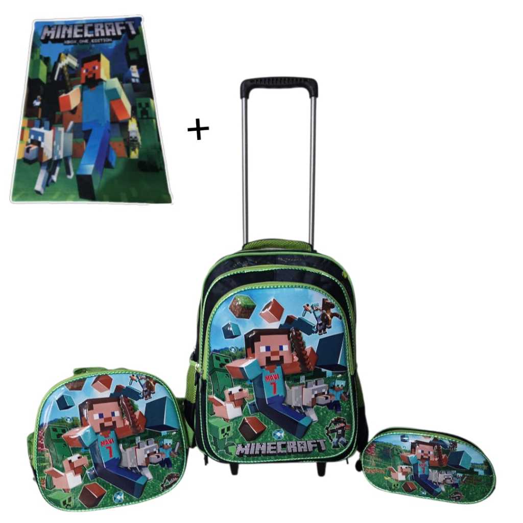 Kit Escolar Minecraft 4 Peças: Mochila 3D Rodinhas + Lancheira Térmica + Estojo + Toalhinha