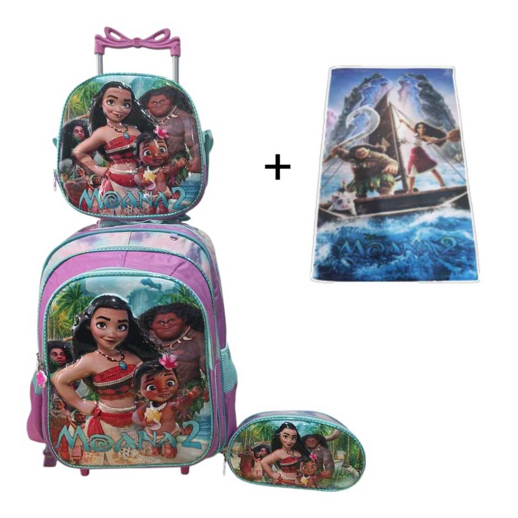Kit Moana Infantil 4 Peças: Mochila com Rodinhas + Lancheira + Estojo + Toalhinha