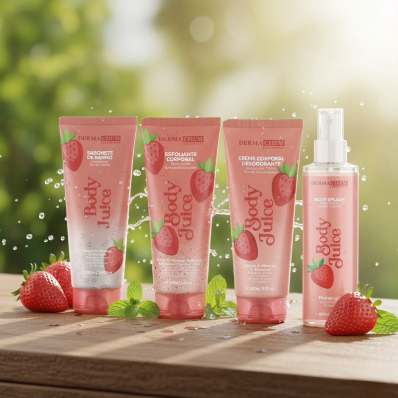 Kit Completo Derma Chem Body Juice Morango: Sabonete, Esfoliante, Creme Corporal e Body Splash para uma Pele Radiante