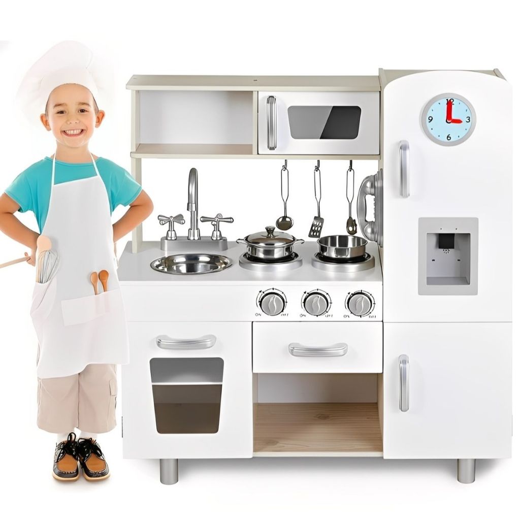 Kit Cozinha Infantil Grande MDF Bege – Completa com Geladeira, Fogão, Acessórios e Design Seguro para Crianças