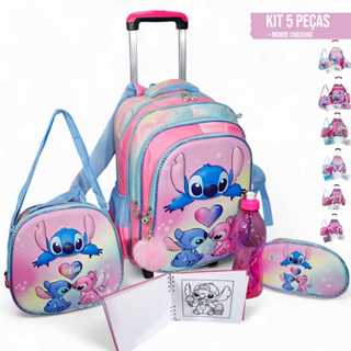 Kit Mochila Infantil Stitch Angel kit 06 pecas LUXO Rodinhas Escolar Menina Lancheira Estojo Garrafa Livro de Colorir em Oferta na Shopee