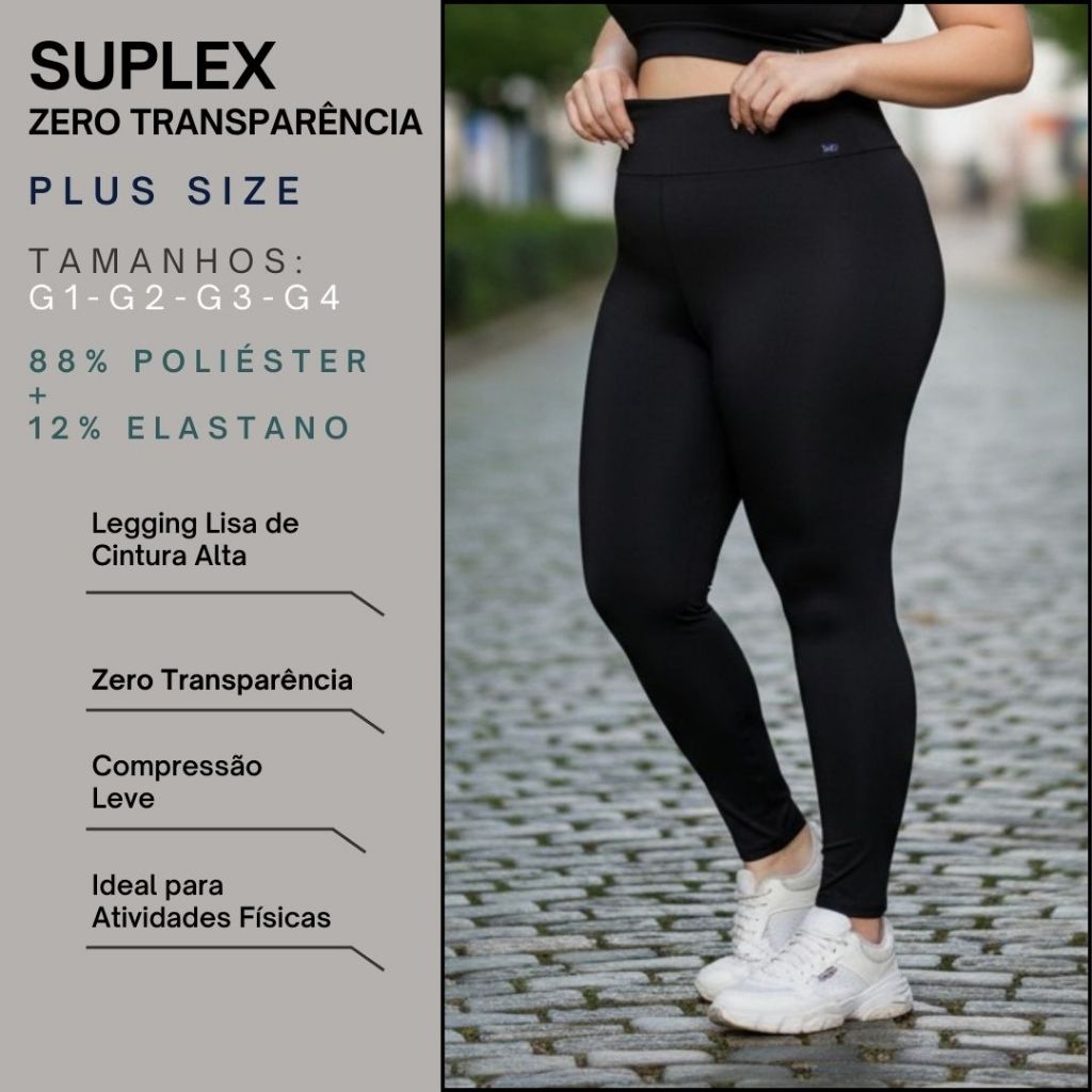 Legging Feminina Plus Size Suplex Fitness Zero Transparência Cós Largo Cintura Alta Treino Academia
