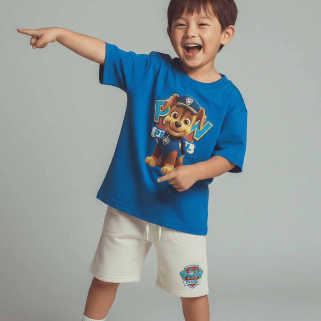 Conjunto Infantil Patrulha Canina Chase Camiseta Algodão 100% + Bermuda Moletom Estampa Premium