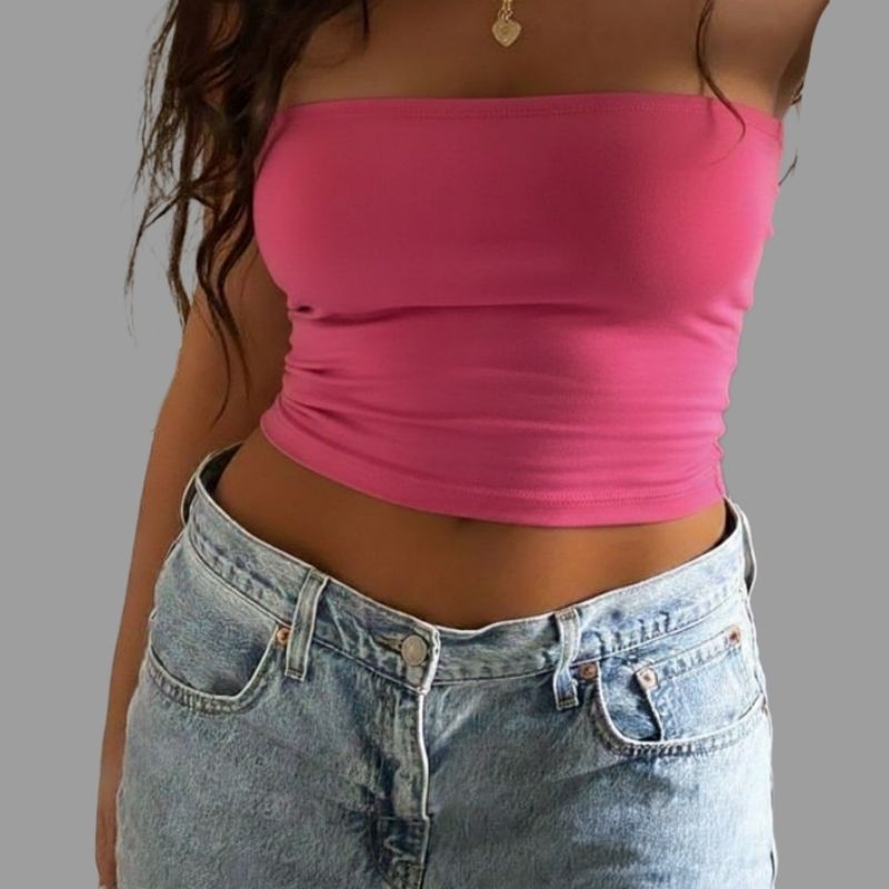 Top tube tomara que caia/faixa, cropped alta sustentação  , zero transparência, look ano novo / rosa e branco