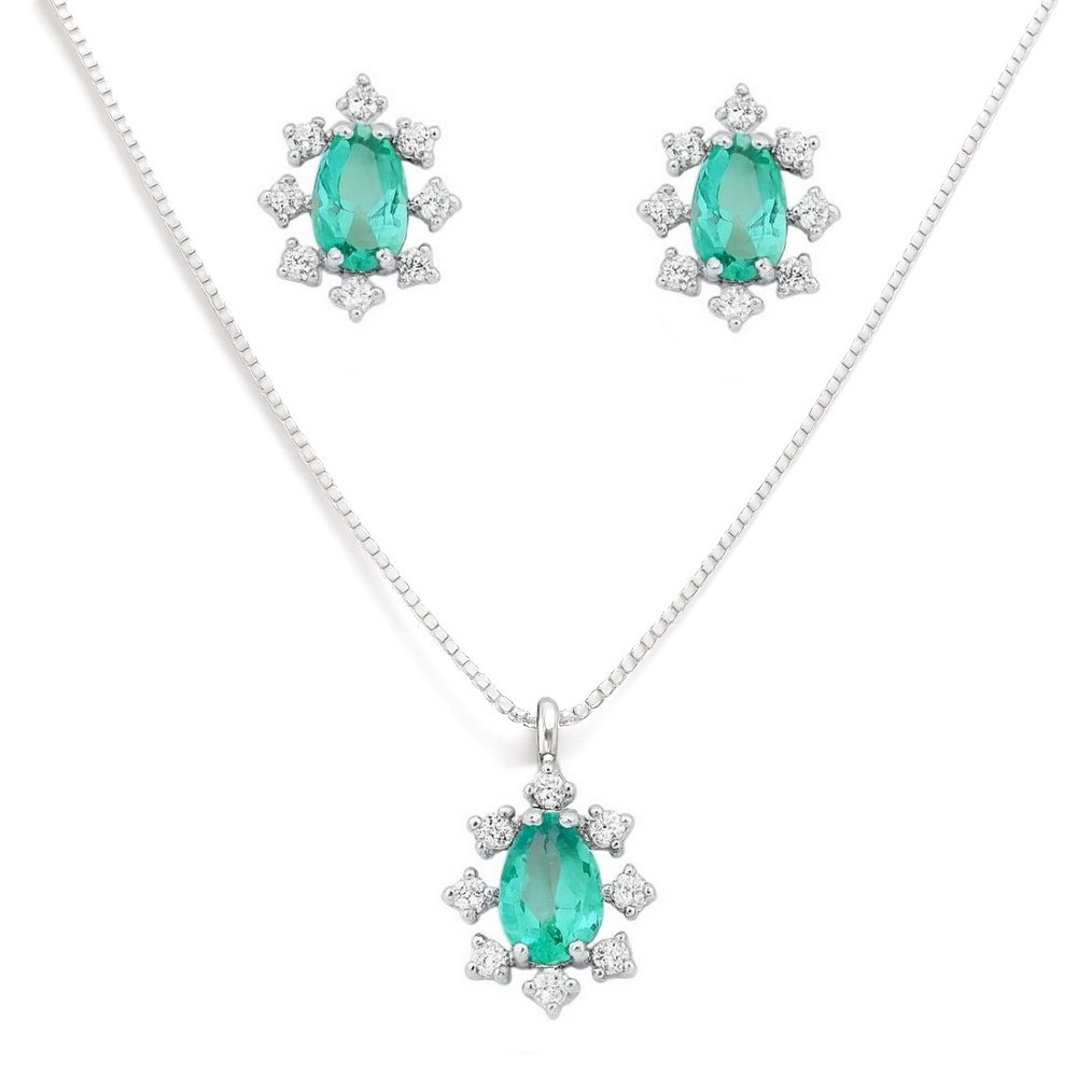 Conjunto Colar e Brincos Gota Verde Turmalina Cravejado em Prata 925