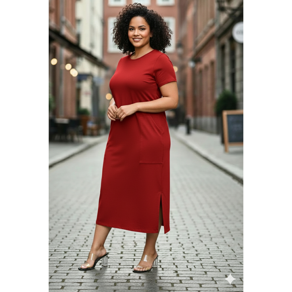 Vestido Midi Soltinho Plus Size Com Fenda Lateral Premium Para Fim De Ano Festa Natal G1 ao G4