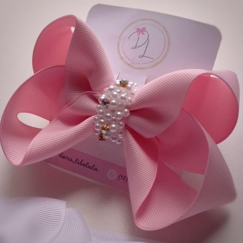 Laço Infantil Luxo em Gorgorão com Pérolas – Presilha/Bico de Pato – Laço Grande para Meninas