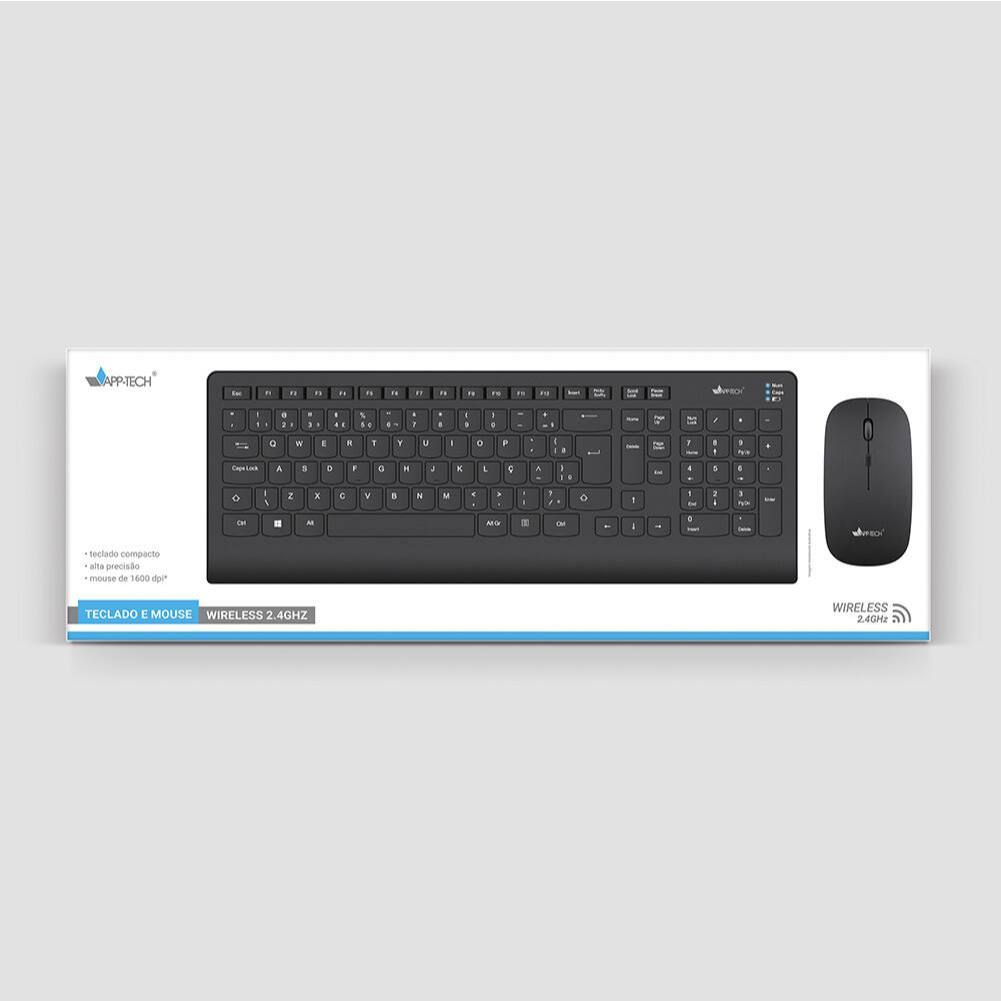 kit Teclado e Mouse sem Fio, Wireless, Padrão ABNT2, Preto, KMW150, App-Tech