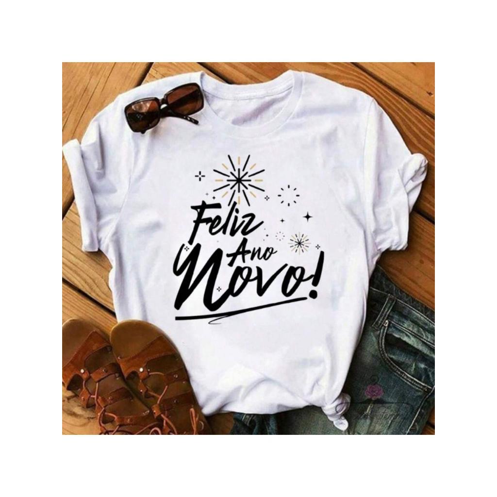 Blusa Camiseta Feminina Despojada Estilosa Estampada Feliz Ano Novo