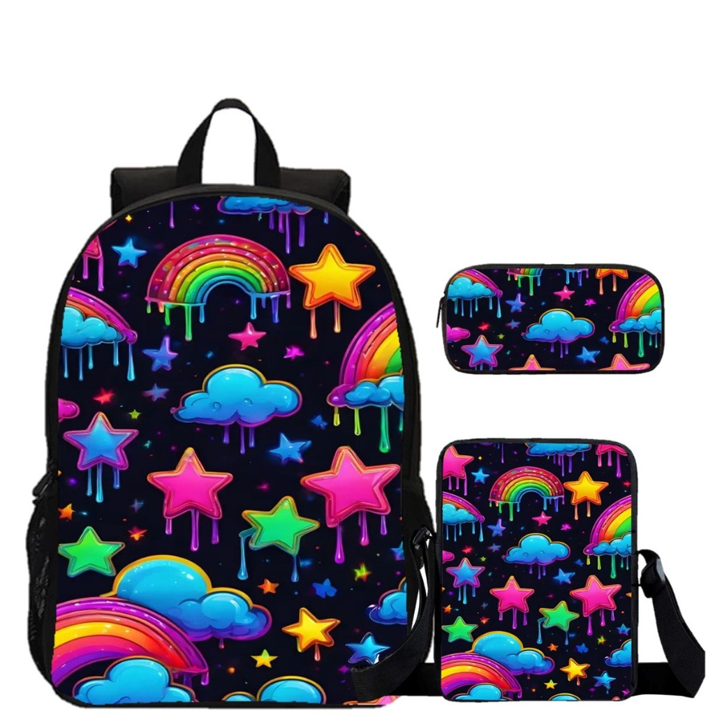 Kit Escolar Mochila Estojo e Lancheira Feminino Arco Iris Neon Estrelas