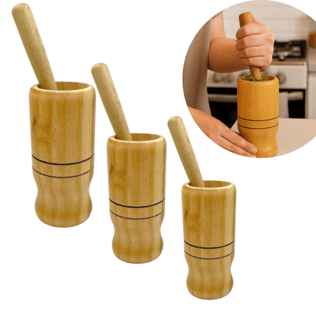 Kit Pilão Socador de Madeira P M G Ideal para Alho Temperos e Ervas no Uso Diário