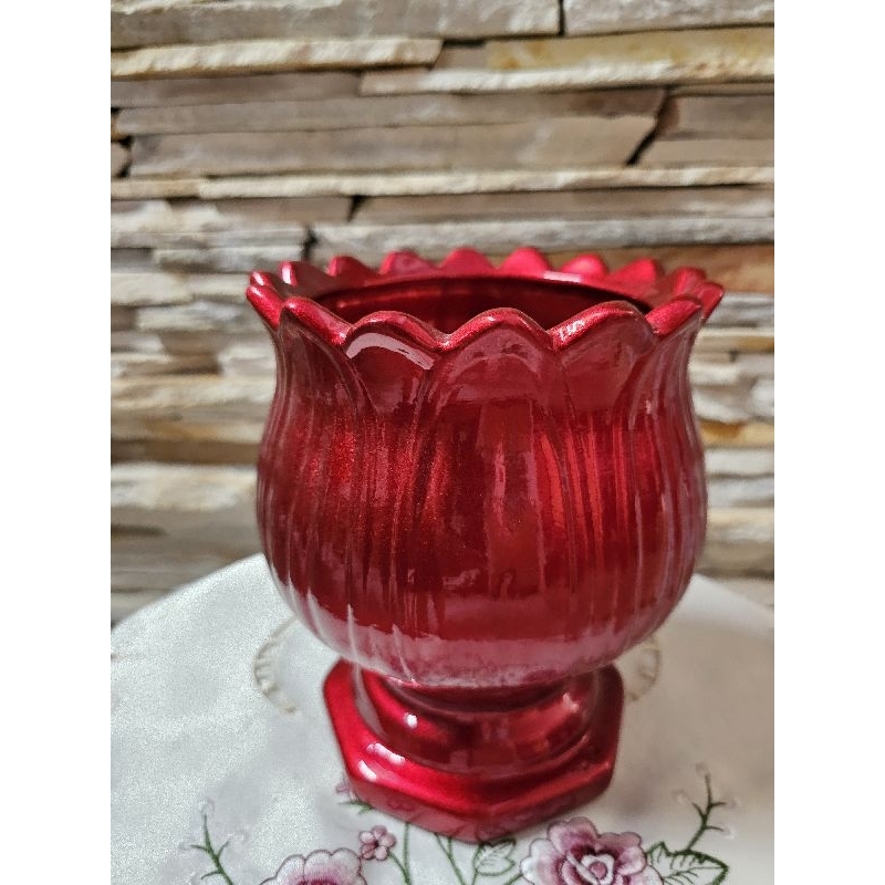 Vaso de cerâmica tulipa,  vermelho metálico