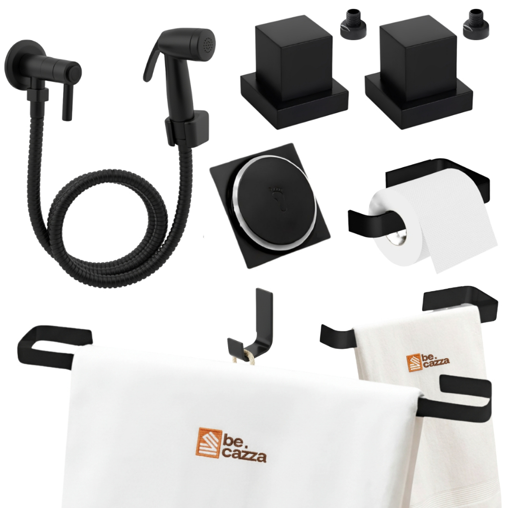 Kit Banheiro Preto Completo Acessórios Ducha Pop Acabamento Docol Ralo Click Int