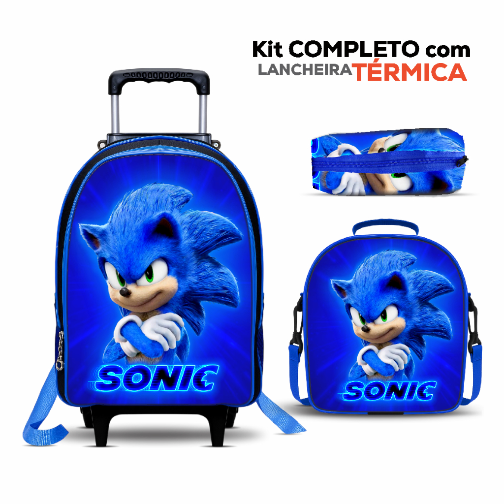 Mochila Escolar Rodinha Sonic com Lancheira TÉRMICA + Estojo - Menino - Masculino