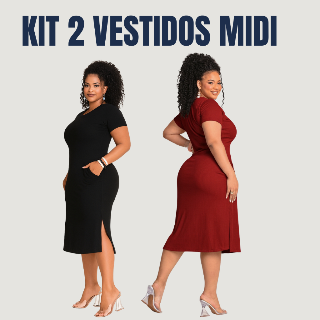 Kit 2 Vestido Midi Soltinho Plus Size Com Fenda Lateral Premium Para Fim De Ano Festa Natal G1 ao G4