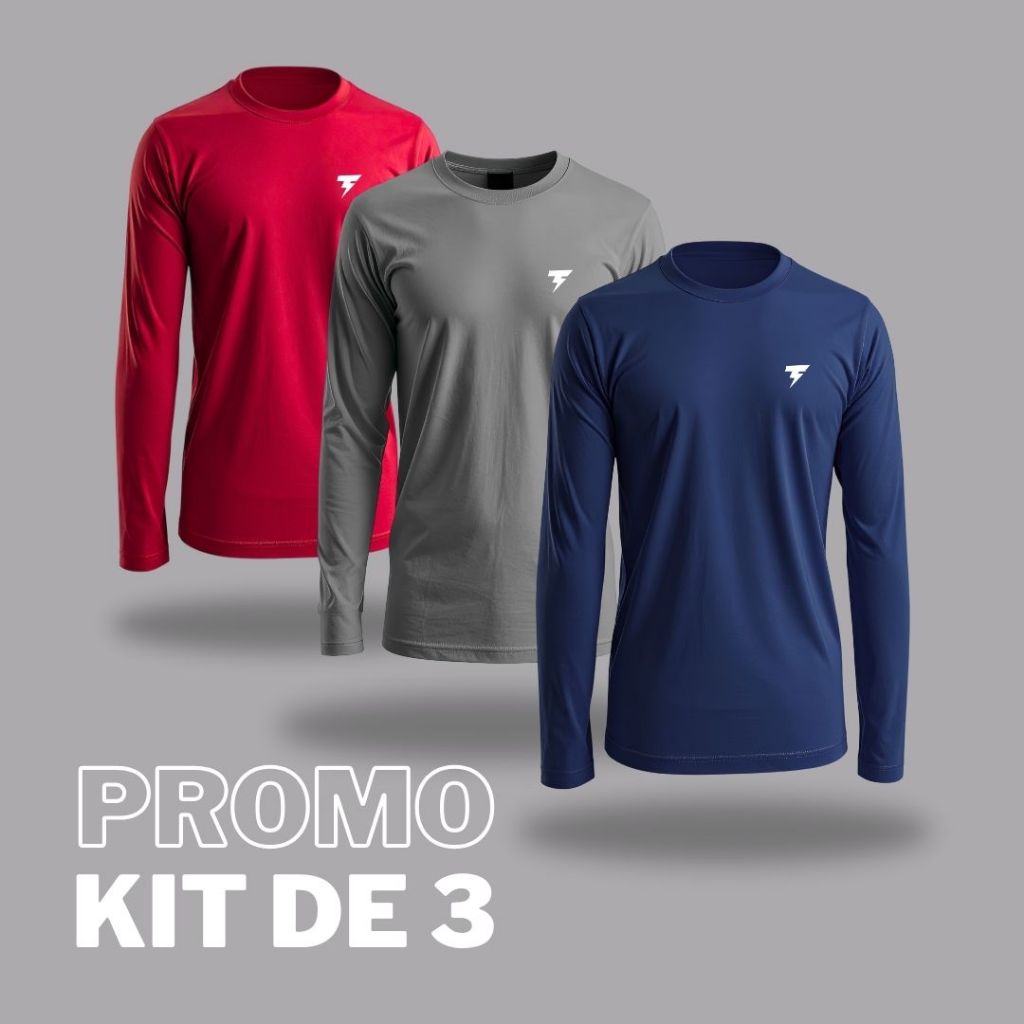 Kit 3 Camisa Térmica Masculina Manga Longa Proteção Uv50 Símbolo Refletivo Dry Fit Segunda Pele