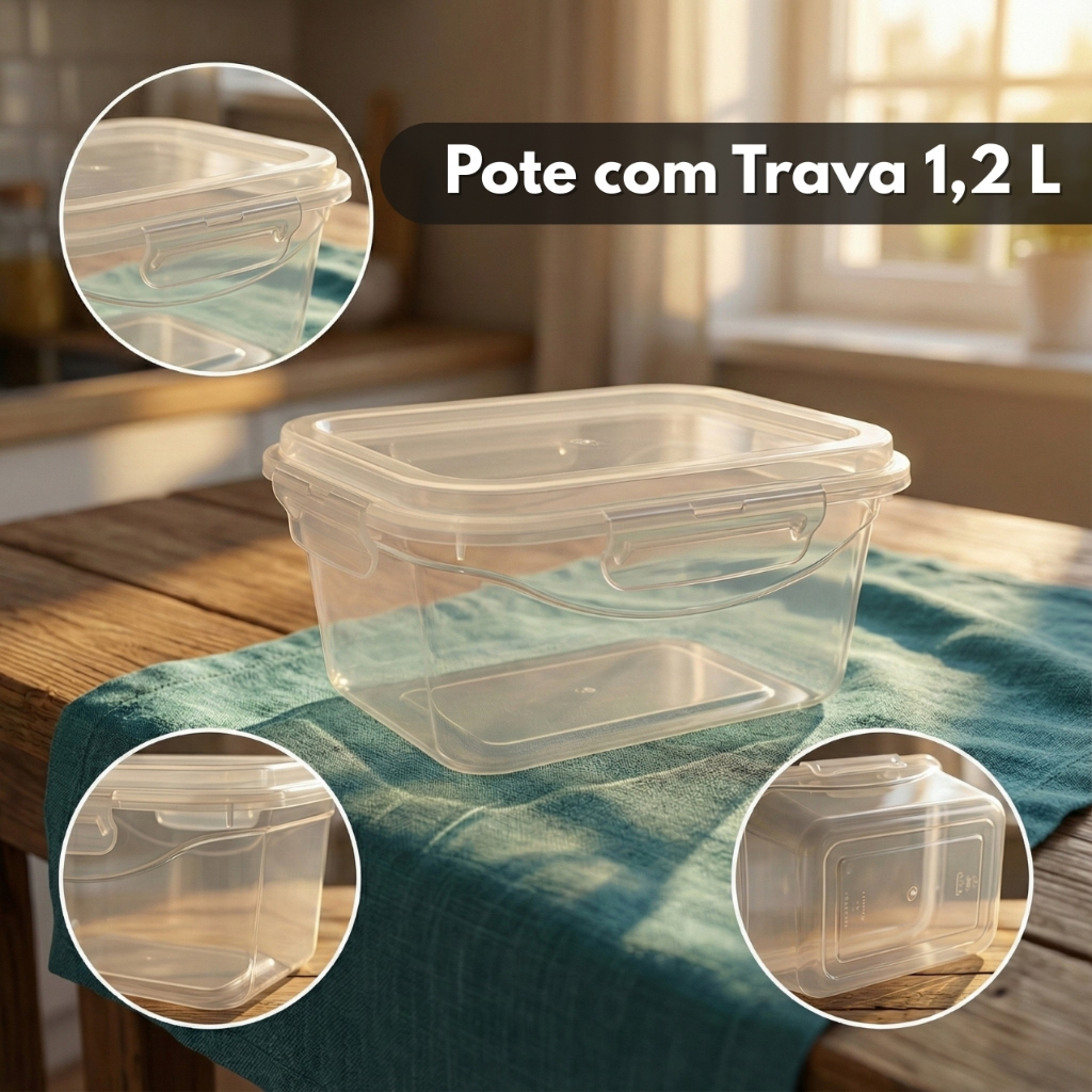 Kit 10 Marmitas Potes Fitness Transparente 1,2 L Tampa c/Trava Hermetico Alimentos Casa Cozinha