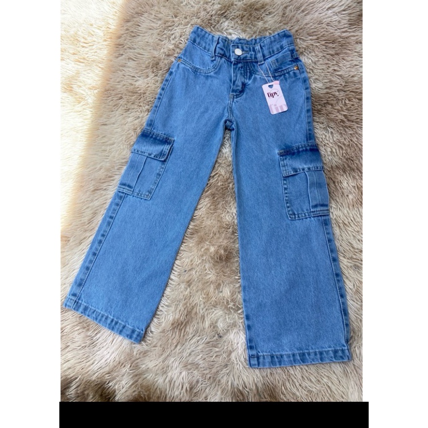 Calça cargo , wide legue jeans infantil e juvenil . em Oferta na Shopee