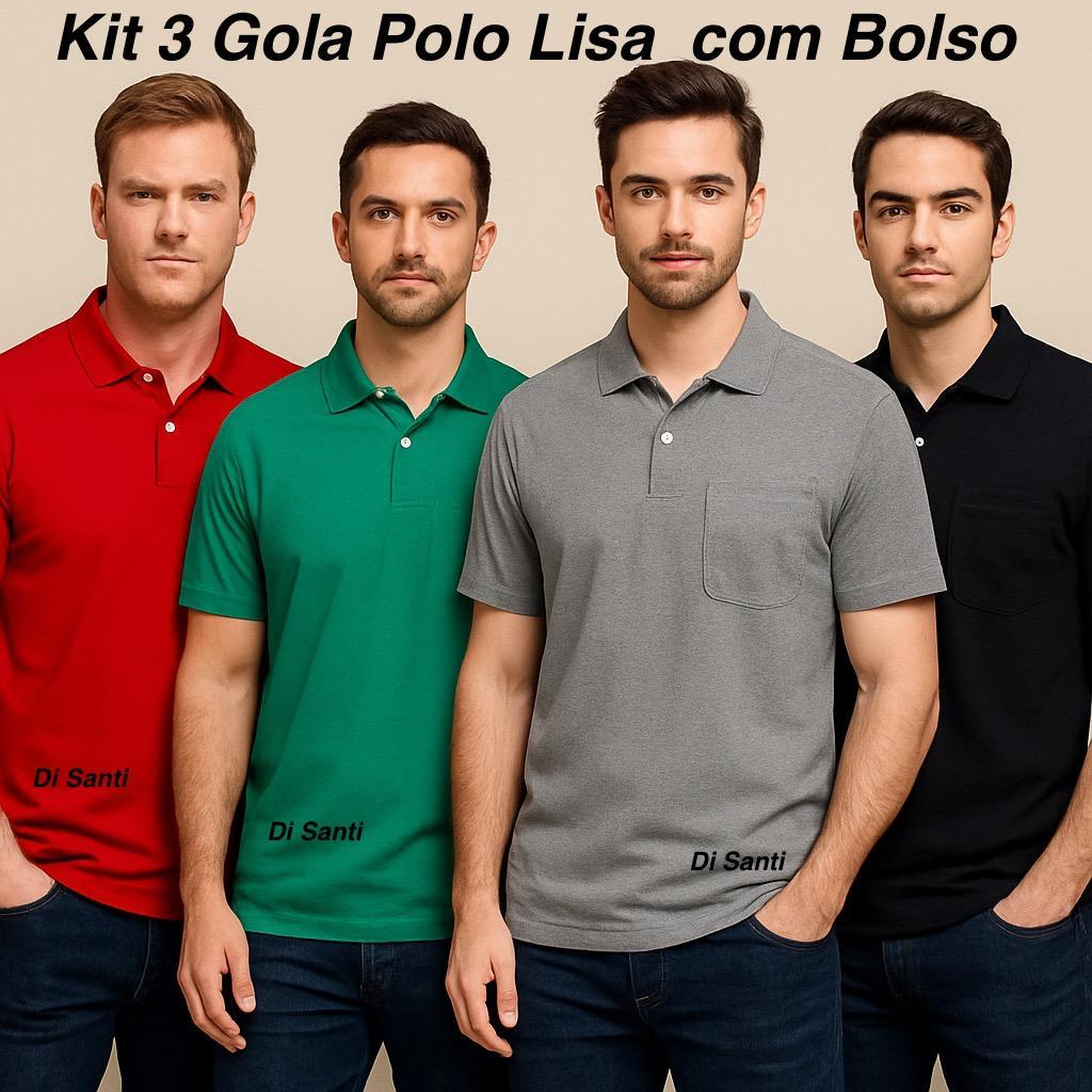 Kit 3 Camisas Polo Masculinas Lisa com Bolso – Algodão Premium 30.1 em Oferta na Shopee