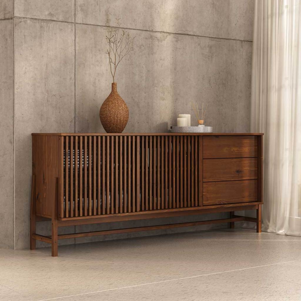 Buffet Madeira 170 cm Portas Ripadas Sala Minimalista Cor Castanho Adamo em Oferta na Shopee