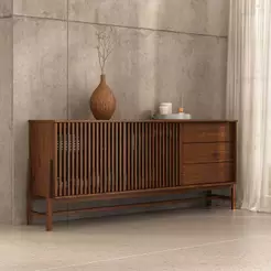 Buffet Madeira 170 cm Portas Ripadas Sala Minimalista Cor Castanho Adamo