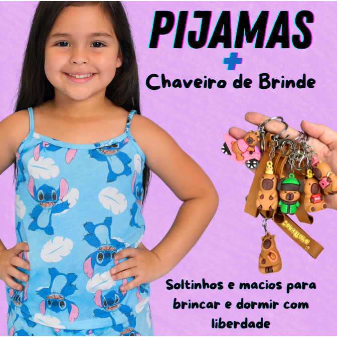 Pijama Infantil Estampado de Personagens stitch confortável durável receba chaveiro de brinde