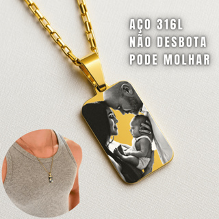Cordão com Pingente Retangular Dourado Masculino Gravado Foto Frase Presente marido namorado 25mm em Oferta na Shopee