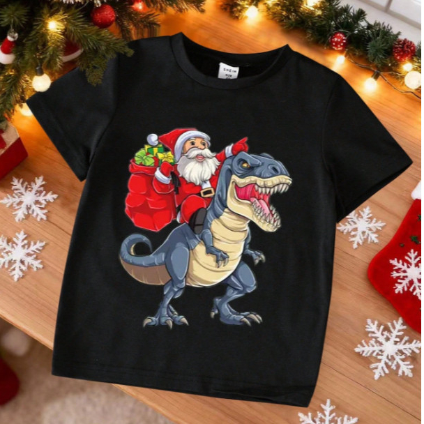 Camiseta Infantil Natal Papai Noel Dinossauro Rex algodão100%