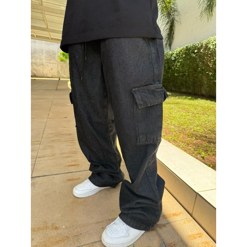 Calça cargo jeans preta BLACK masculino estonada preta jeans pesado com cordão streetwear larga balão