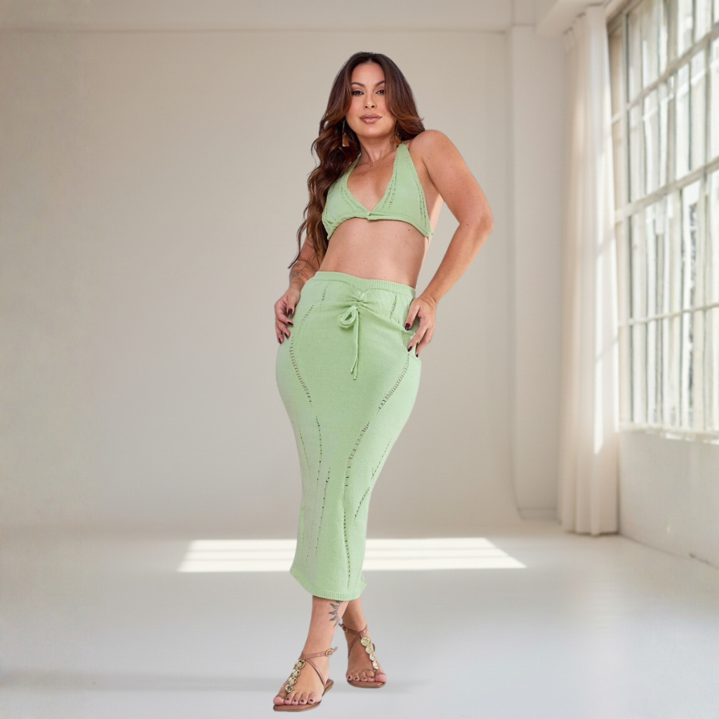 Conjunto Saia + Cropped Tricot Feminino Moda Elegante Verão Premium em Oferta na Shopee