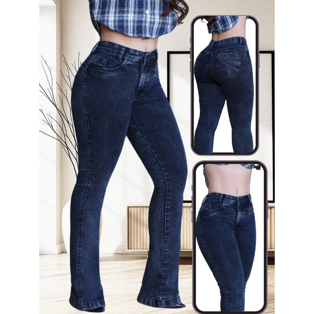 Calça Jeans Feminina Flare Lycra Tecido premium Lavagem Especial Cós Alto Modelagem Empina Bumbum