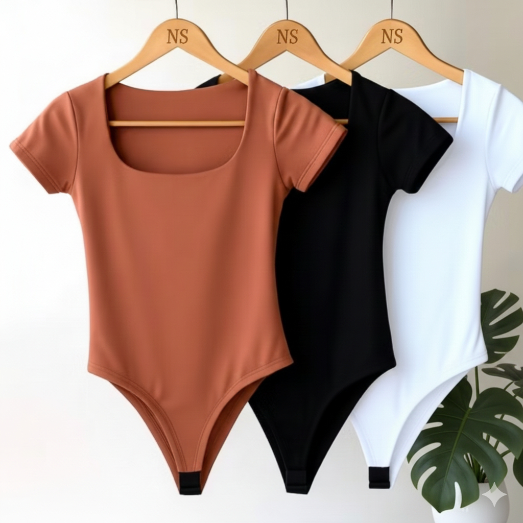 Kit 3 Body Feminino Decote Quadrado Manga Curta Tecido Suplex Tendência Moda Verão