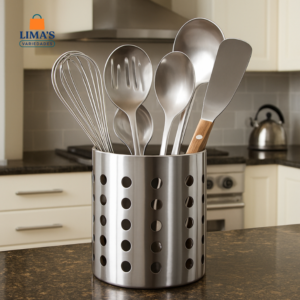 Porta Talheres e Escorredor Redondo Organizador Vazado Pia Cozinha Em Inox Premium 12cm x 15cm