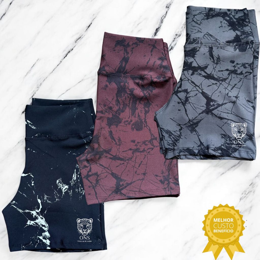 Kit 3 Shorts  Bermuda Fitness Marmorizado Roupa Academia Cintura Alta Feminino Zero Transparencia em Oferta na Shopee