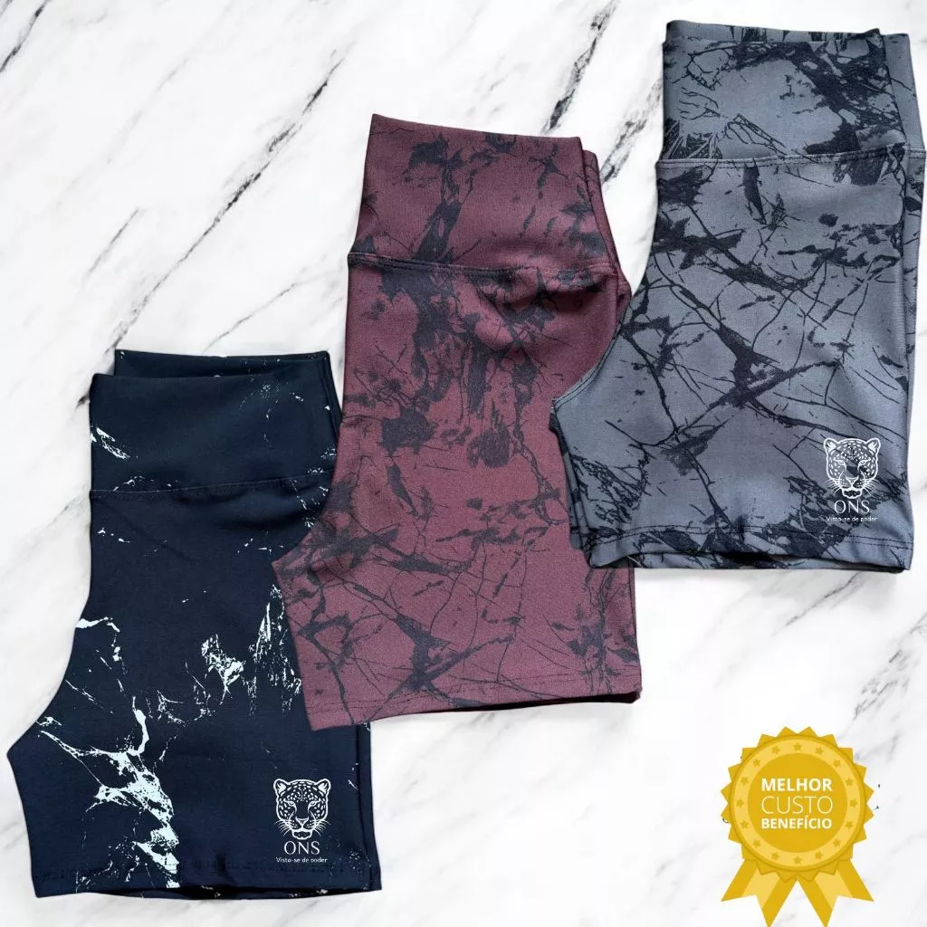 Kit 3 Shorts  Bermuda Fitness Marmorizado Roupa Academia Cintura Alta Feminino Zero Transparencia — imagem 1