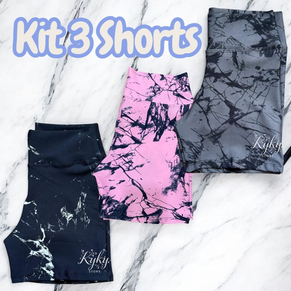 Kit 3 Shortinhos Marmorizado Roupa Academia Cintura Alta Feminino Fitnes Zero Transparencia Cro Ioga