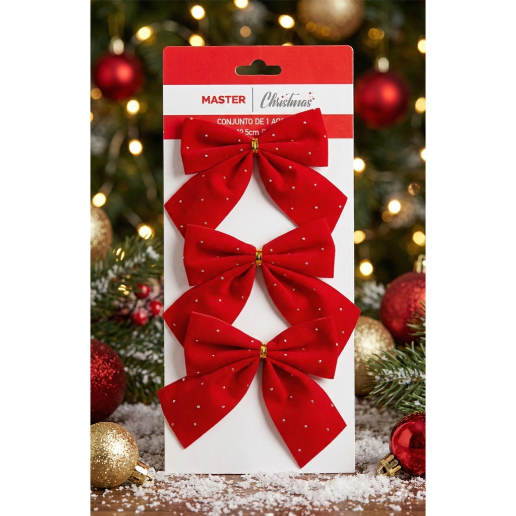 CONJUNTO COM 3 LAÇOS DE VELUDO VERMELHO – 11 CM | DECORAÇÃO NATALINA PREMIUM ARVORE NATAL LAÇO
