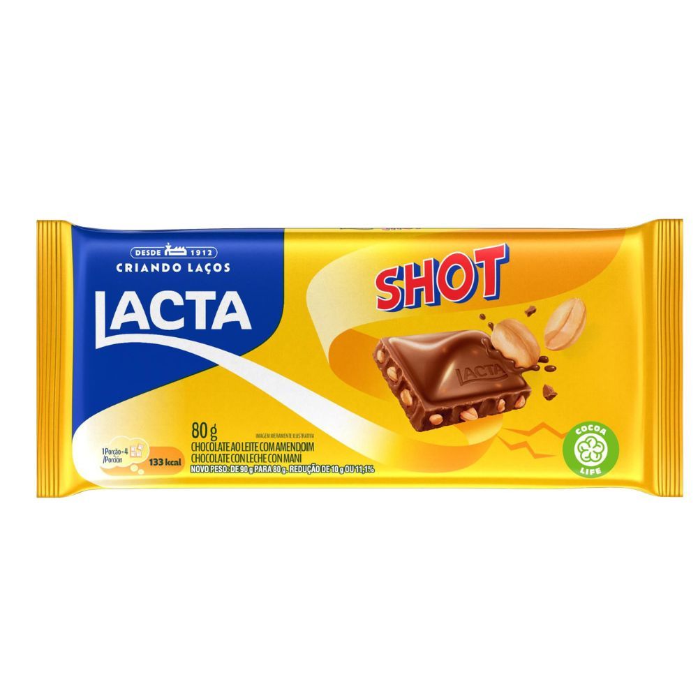 Barra de chocolate Shot 80g Chocolate ao Leite com Amendoim Lacta Original