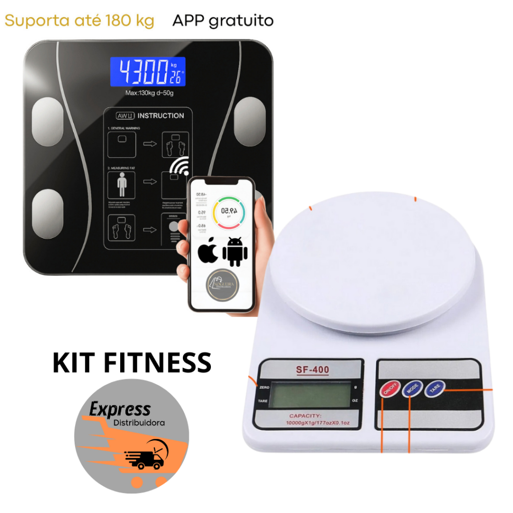 Kit Balança Bioimpedância Medidora Corporal Bluetooth Até 180 Kg + Balança De Cozinha Precisão Digital 1g Até 10 Kg