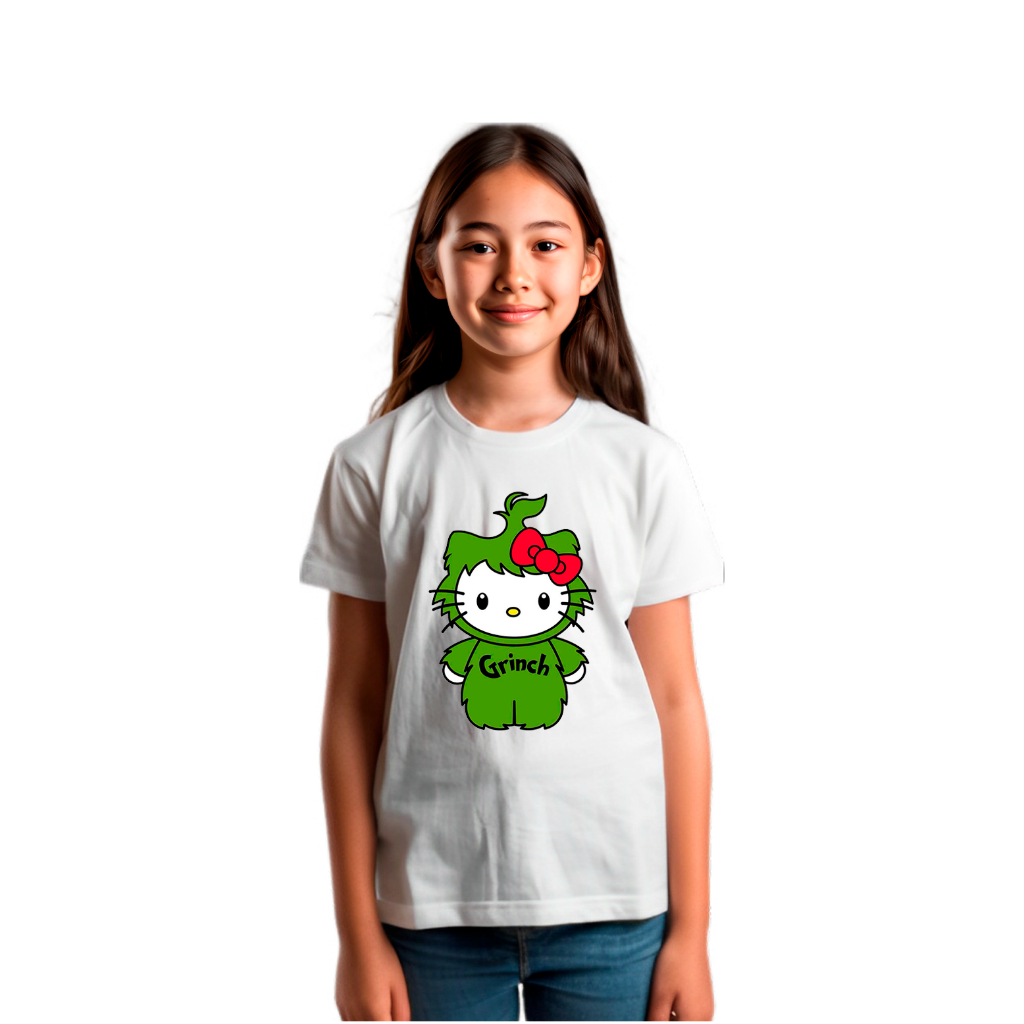 Camiseta Infantil Estampa De Natal Desenho Personagem Hello Kitty Fantasiada De Grinch