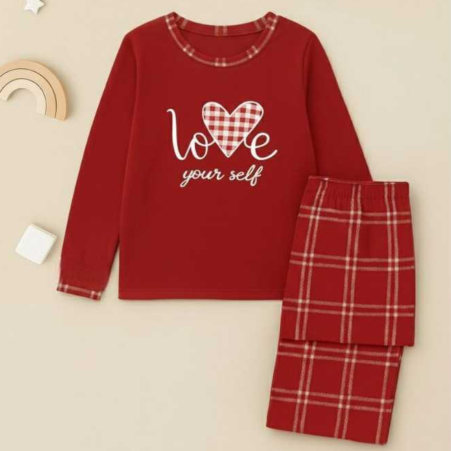 Pijama De Inverno Love Xadrez Malha Premium Longo Manga Comprida e Calça Feminino Adulto Estampa