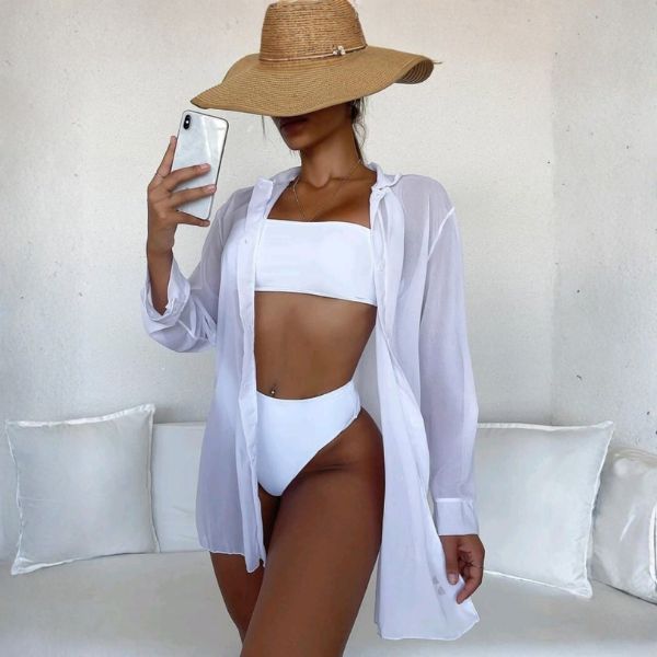 Saída de Praia Feminino Kimono Estiloso Camisa Blusão de Banho Chamise Simples Moda Verão Sem Botão