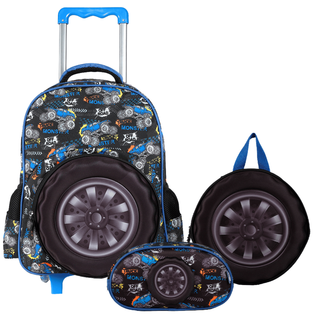 Kit Mochila Lancheira Estojo Escolar Infantil Monster Trucks