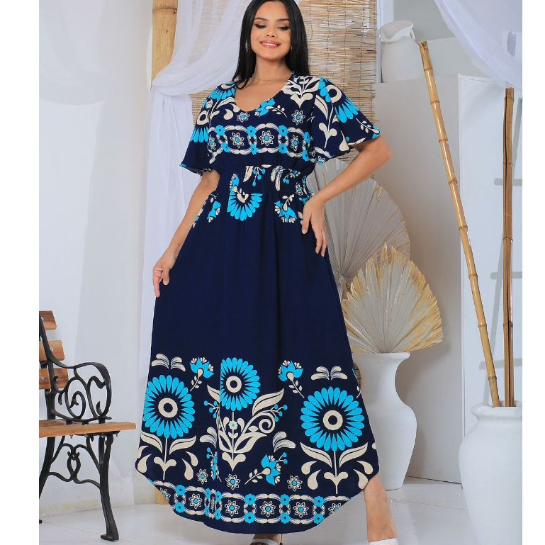 VESTIDO FEMENINO LONGO ESTAMPADO GOLA V TAMANHO G1