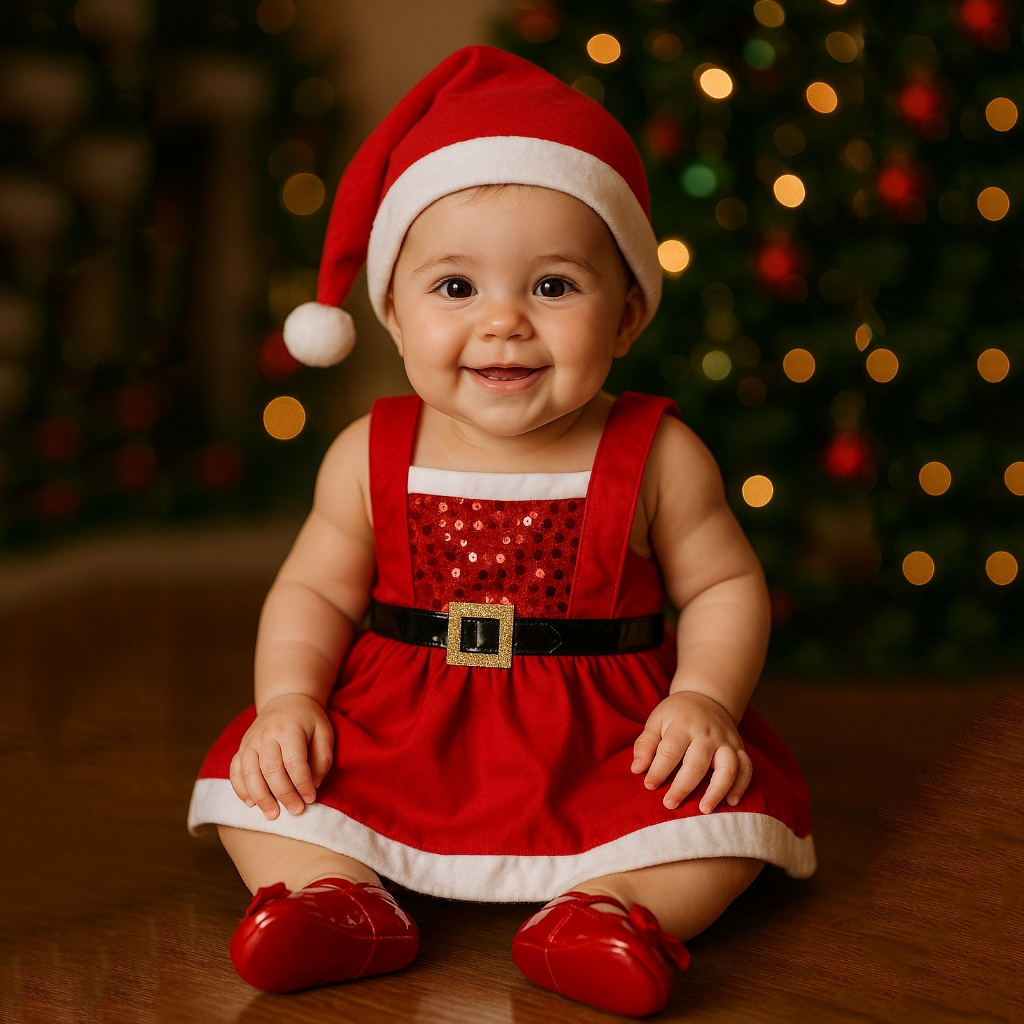 Vestido Infantil de Natal com Gorro – Fantasia Bebê Noel – Vermelho com Paetês - Fantasia Bebê Natal