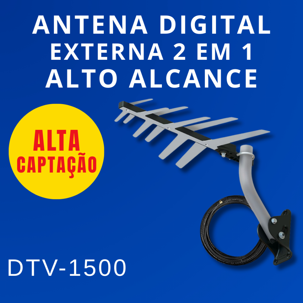 Antena Digital Externa 2 em 1 DTV-1500 HDTV UHF/VHF c/ Suporte e Cabo