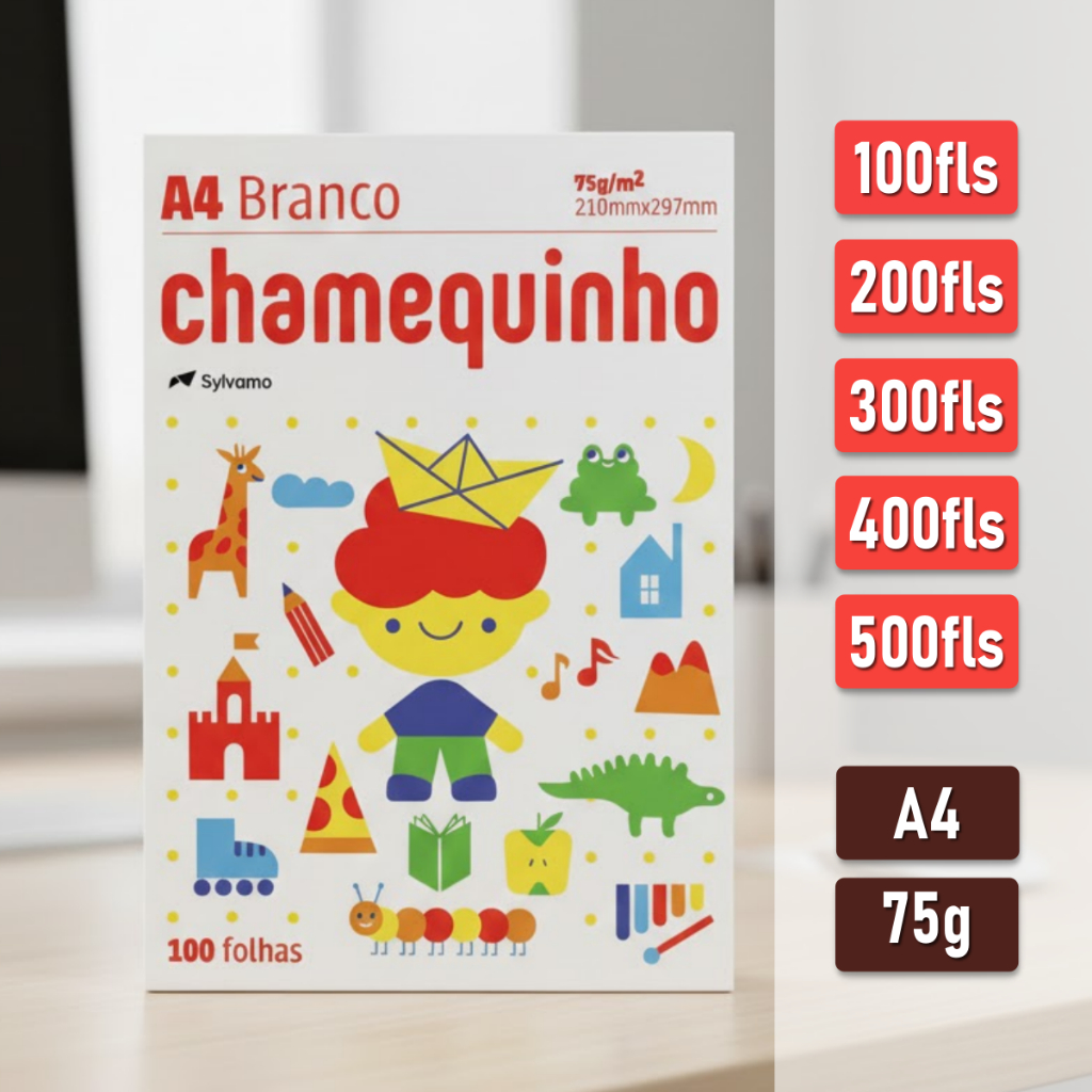 Papel sulfite Branco A4 75g 210mm x 297mm Chamequinho, uso escolar e escritório em Oferta na Shopee