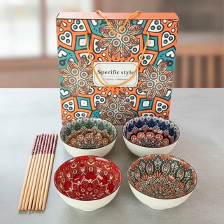 Presente Jogo Oriental 4 Pessoas Tigela Bowl Hashi Porcelana em Oferta na Shopee