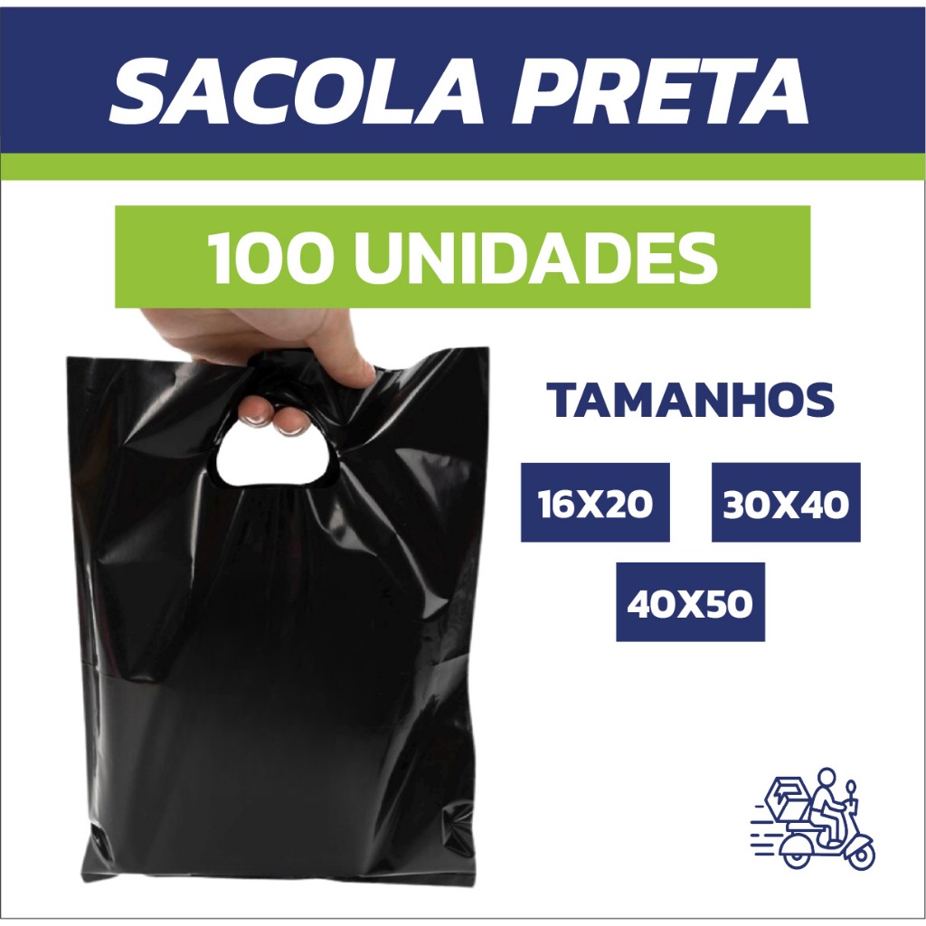Kit 100 Sacola Plástica Boca de Palhaço Preta | Alça Vazada Cores Tamanhos