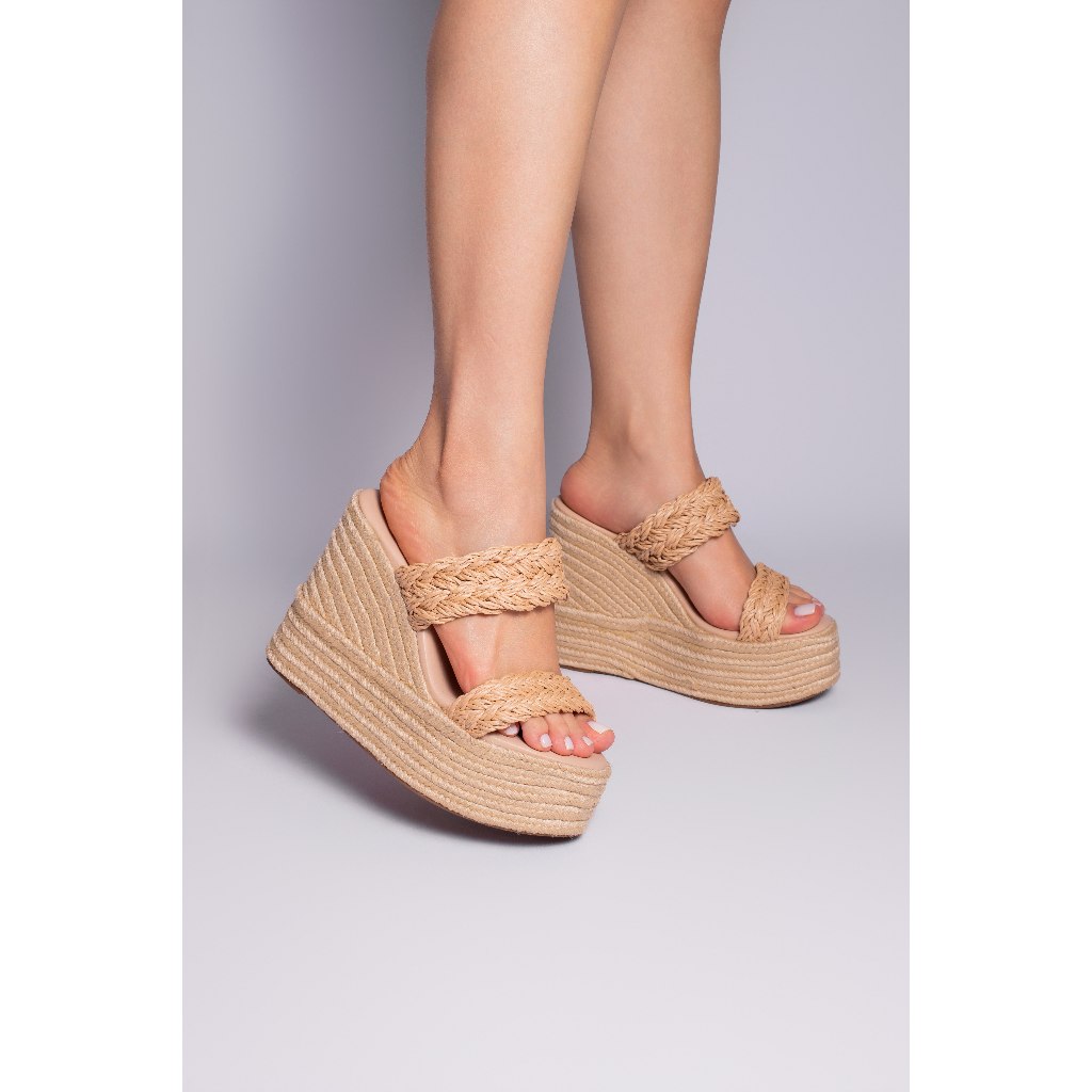 By Mariah | Sandália Plataforma Alta 12 CM | Duas Tiras Trançadas | Solado de Corda